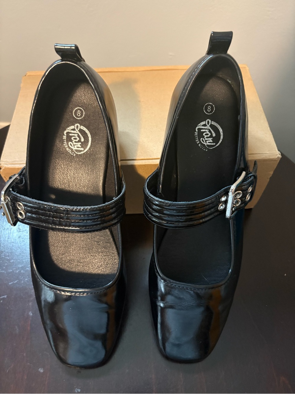 Trary Black Patent Mary Jane Loafers with Double Buckle Strap